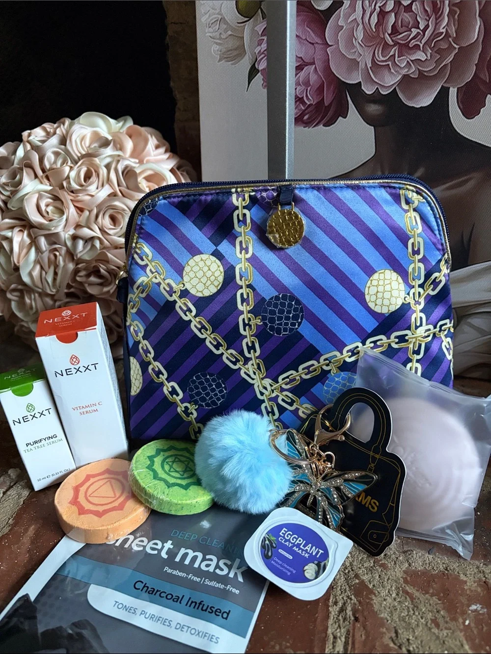 Purple Chain-Print Cosmetic Pouch beauty bundle.